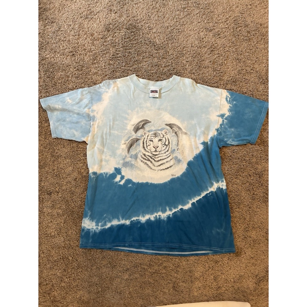 Vintage Blue Tie Die White Tiger T-Shirt Mens X-Large Cotton Dolphin Ocean ‎ XL